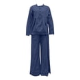 thumbnail image 4 of NMMUED Women's Linen 2 Piece Sets Casual Linen Outfit for Women 2 Piece Set Button Front Blouse Flowy Wide Leg Pants Vacation Lounge Summer Casual Outfits for Women Dark Blue L, 4 of 4