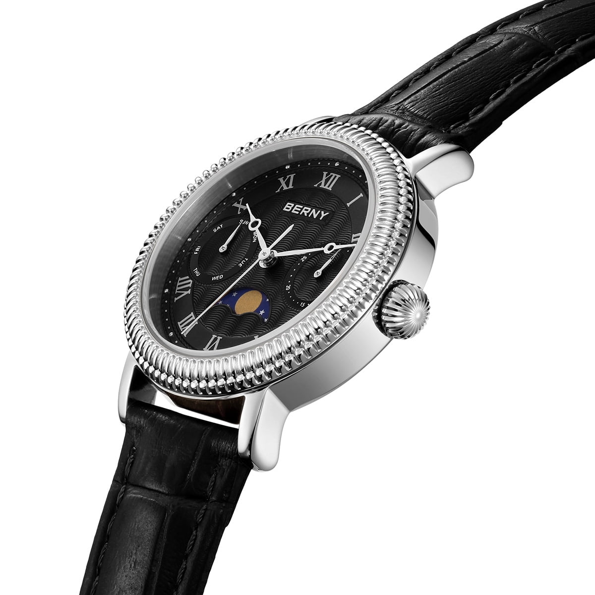 BERNY Womens Leather Watch, Vintage Roman Numerals Luxury Moon Phase Watch with Day & Date, Stainless Steel, Sapphire Crystal, Waterproof, Fashion Dress Analog Quartz Wrist Watches for Women (Silver)