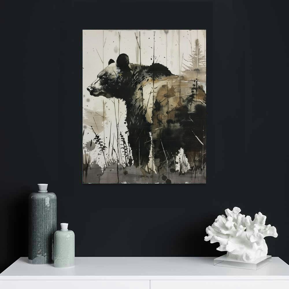 BCIIG  Rustic Wildlife Wall Art Black Bear Wall Decor Cabin Bathroom Woodland Nursery Decor Mountain Animal Canvas Pictures for Living Room Painting Bedroom Lodge Home Decorations 16''x20''