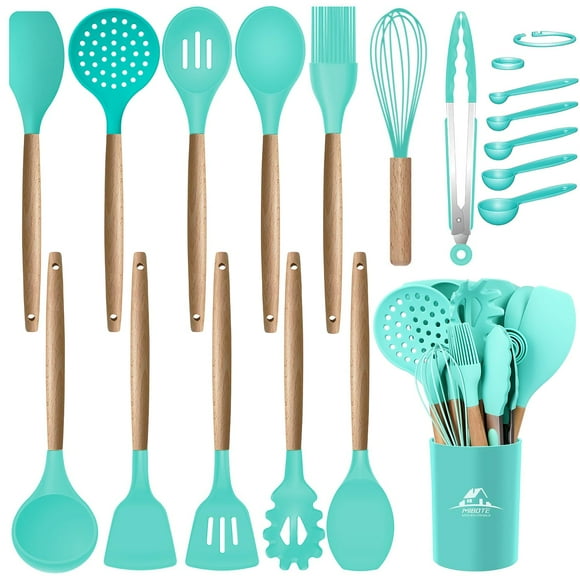 Juego de utensilios de cocina MIBOTE de silicona con soporte y mango de madera