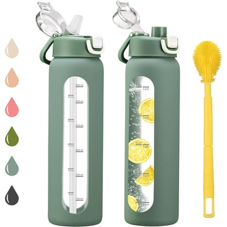 32 oz Glass Water Bottles with 2 Lids-Handle Spout Lid & Straw Lid, 1 Liter Motivational Borosilicate Water Bottle with Time Marker and Silicone Sleeve,Leakproof-Olive-1 Pack