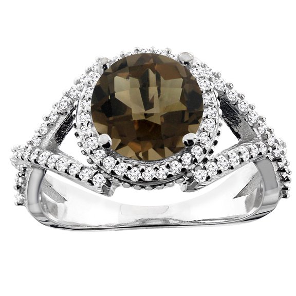 14K White Gold Natural Smoky Topaz Ring Round 8mm Diamond Accent, size 6