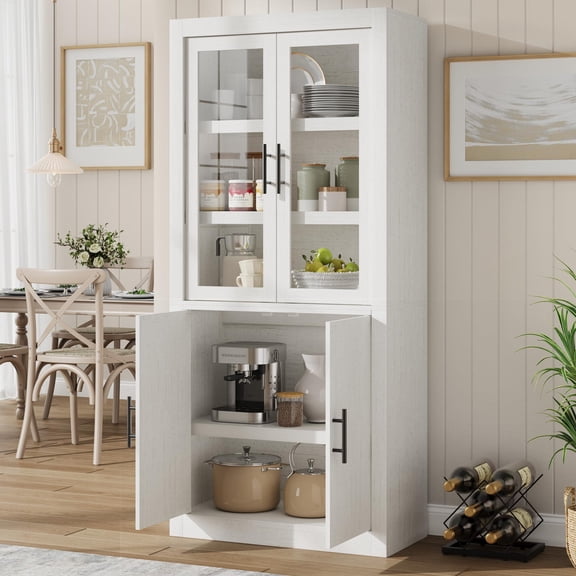 Retro White Tall Kitchen Pantry Cabinet, Farmhouse Glass Door Storage Cupboard with Adjustable Shelves for Dining & Living Room
