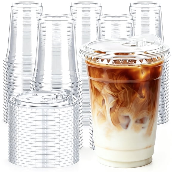 TINANA 16 oz Clear Plastic Cups with Sip Lids, 100 Pack Disposable PET Cups for Iced Coffee, Smoothies, Juice & Parties