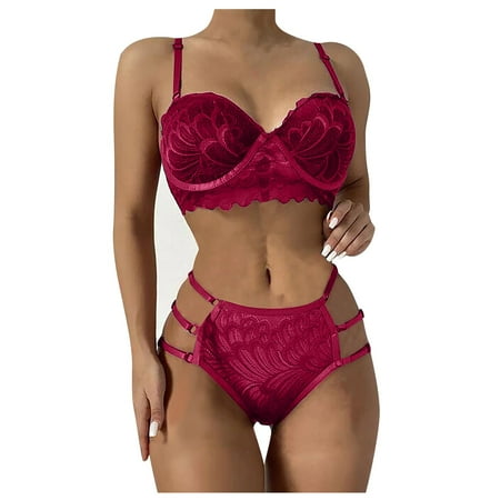 

Qcmgmg Women s Sexy Lace Bra and Panty Set Floral Lingerie Set Babydoll M
