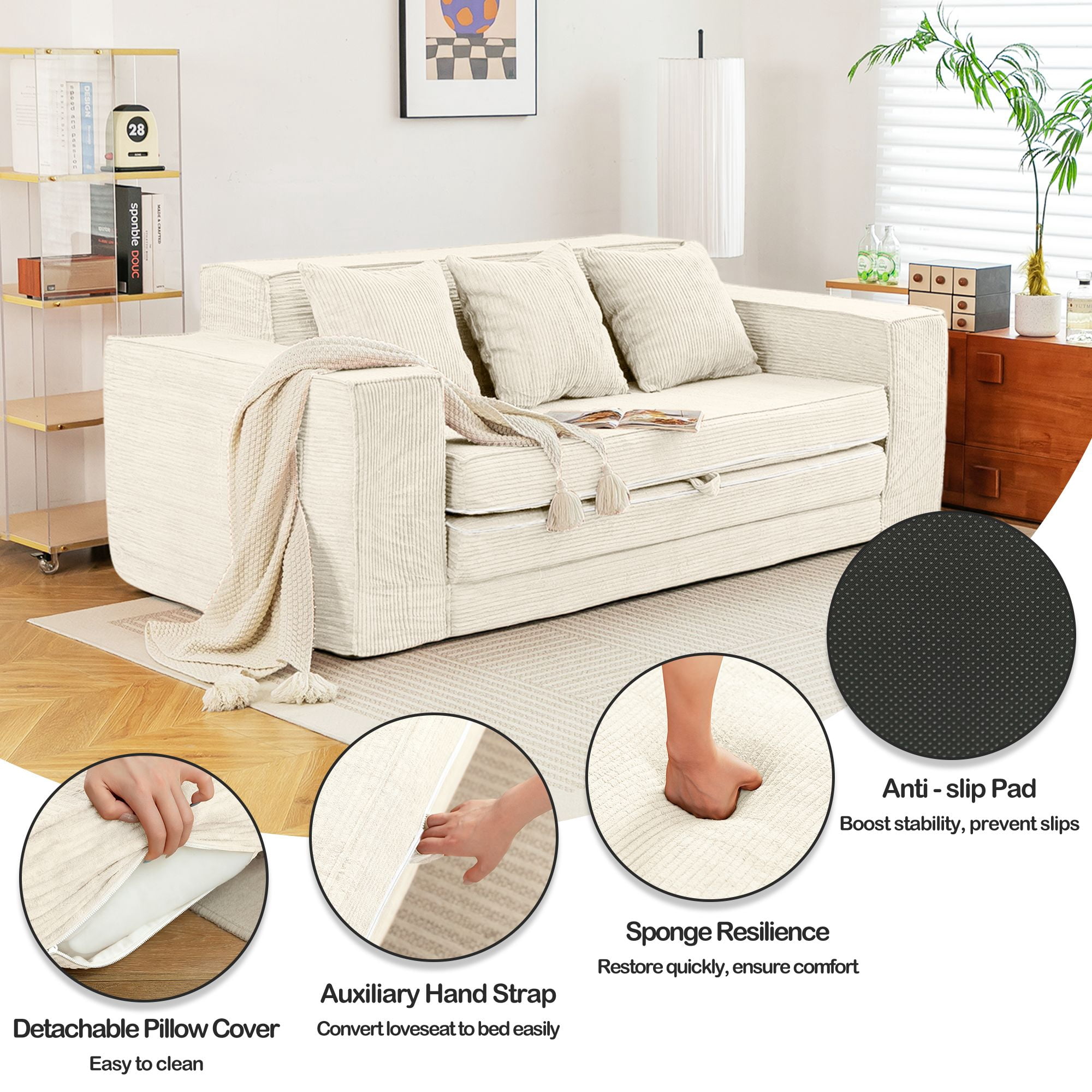 Vicluke Convertible Memory Foam 3-seat Sofa & Loveseat, Pull Out Sleeper Sofa Bed, 2 in 1 Folding Couch Bed, Fold Out Floor Couch Corduroy Fabric with Pillows for Living Room Bedroom Lounge(Beige)