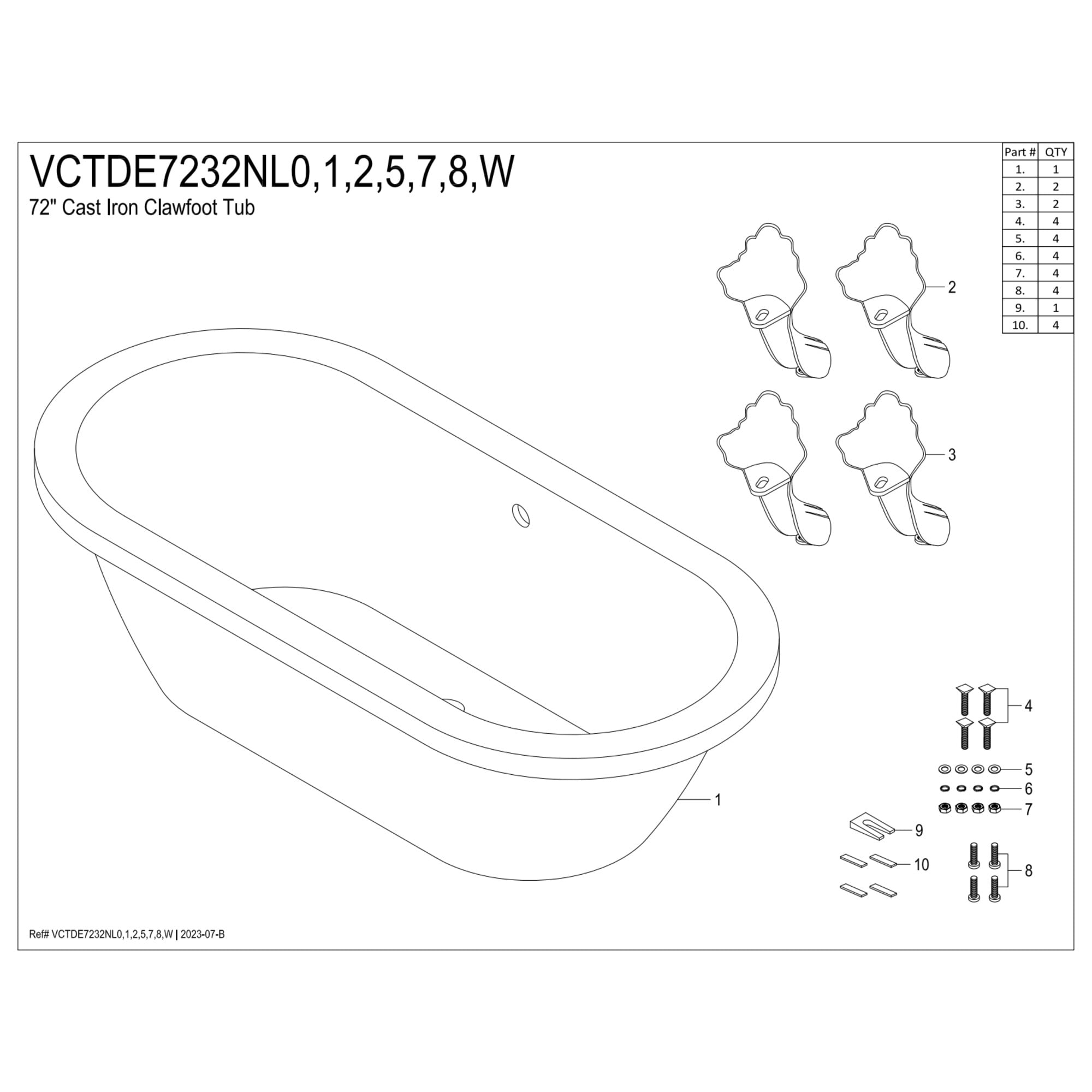 Aqua Eden VCTDE7232NL7 72-Inch Cast Iron Oval Double Ended Clawfoot Tub (No Faucet Drillings) in White/Brushed Brass