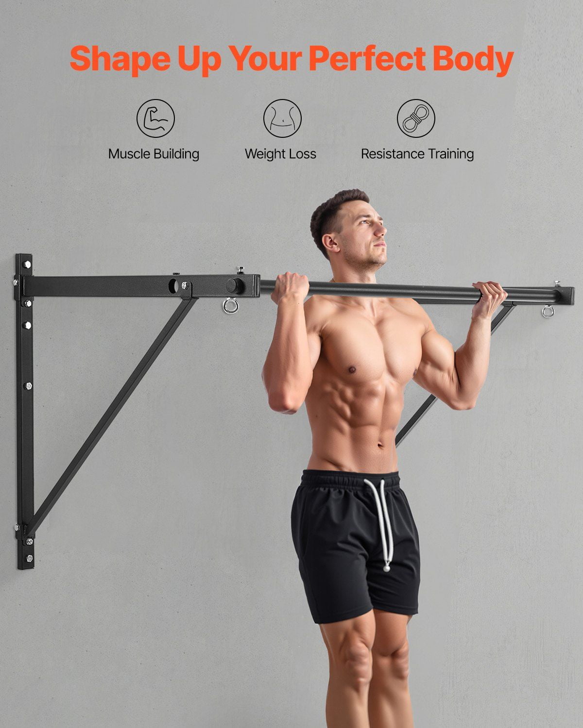 Pull Up Bar Wall Mounted Heavy Duty Chin Up Bars for Home Gym, Adjustable Depth 22/30 Inches, 440LBS Carbon Steel Frame, 50-Inch Width, 1.25-Inch Anti-Slip Handle, Compatible with Ab Straps Gym Rings