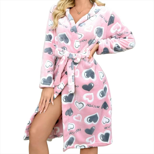 WRKEKC Womens Robe Printed Cozy Bathrobe Womens Winter Thickened Long Sleeve Robe Womens Loungewear for Cold Days