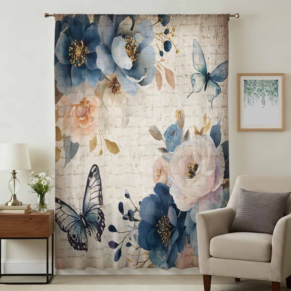 Vintage Blue Floral Sheer Curtains 108 Inches Extra Long, Butterflies Flower Tan Light Filering Curtains, Privacy Drapes Simi Floor to Veiling Curtain for Living Room Bedroom Large Window Treatment