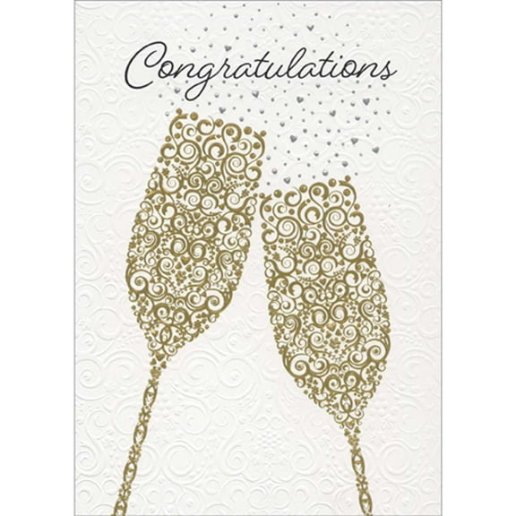 Avanti Press Gold Foil Swirls, Silver Foil Hearts and Bubbles Champagne Glasses Congratulations Wedding Card