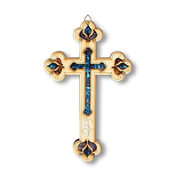 Wooden Christian Cross with Simulated Gemstones Home or Business Wall Plaque Decor