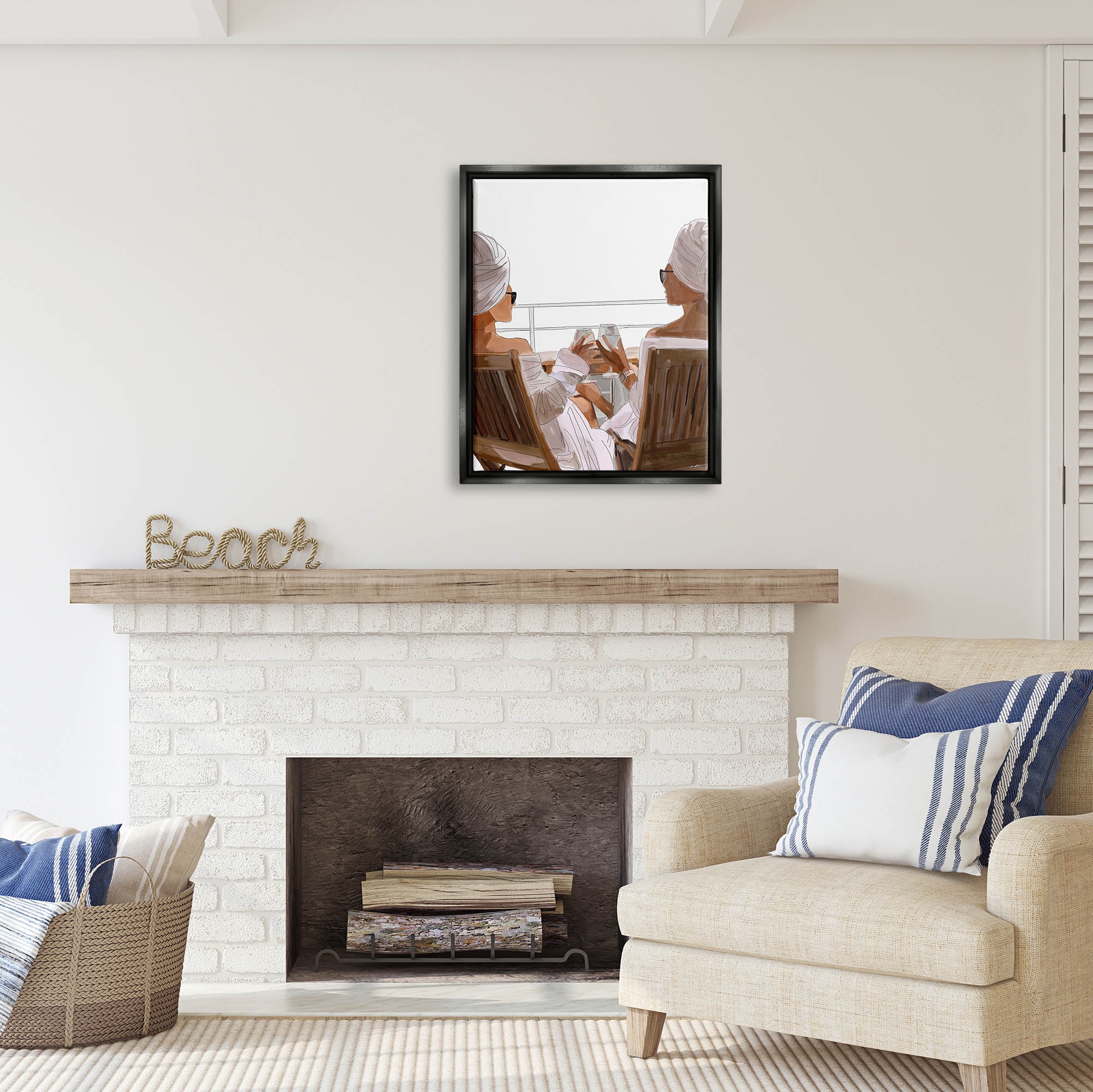 Stupell Industries Summer Friends Relaxing on Beach Coastal Painting Black Floater Framed Art Print Wall Art