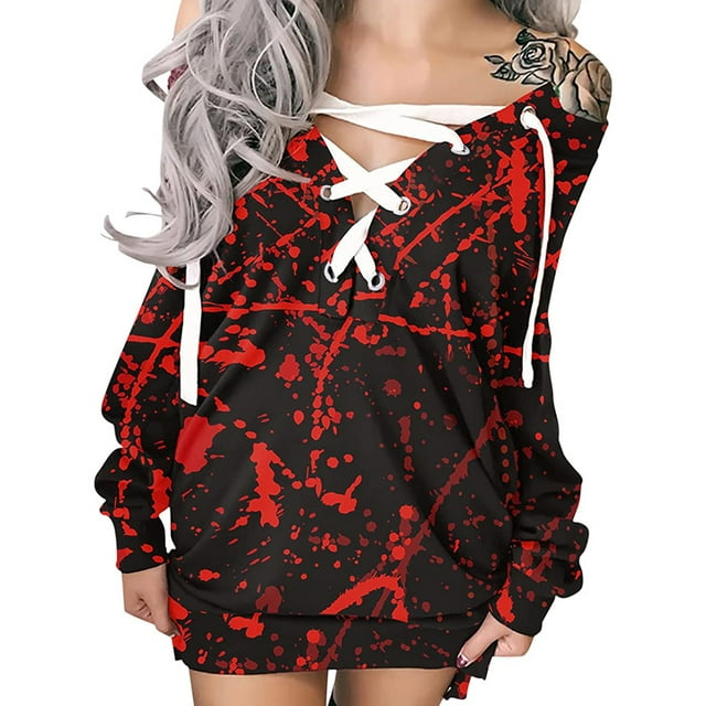 FOCUSNORM Robe Imprimée d'Halloween pour Femmes Juniors, Mode à Nouer Col Rond Manches Longues une-Pièce