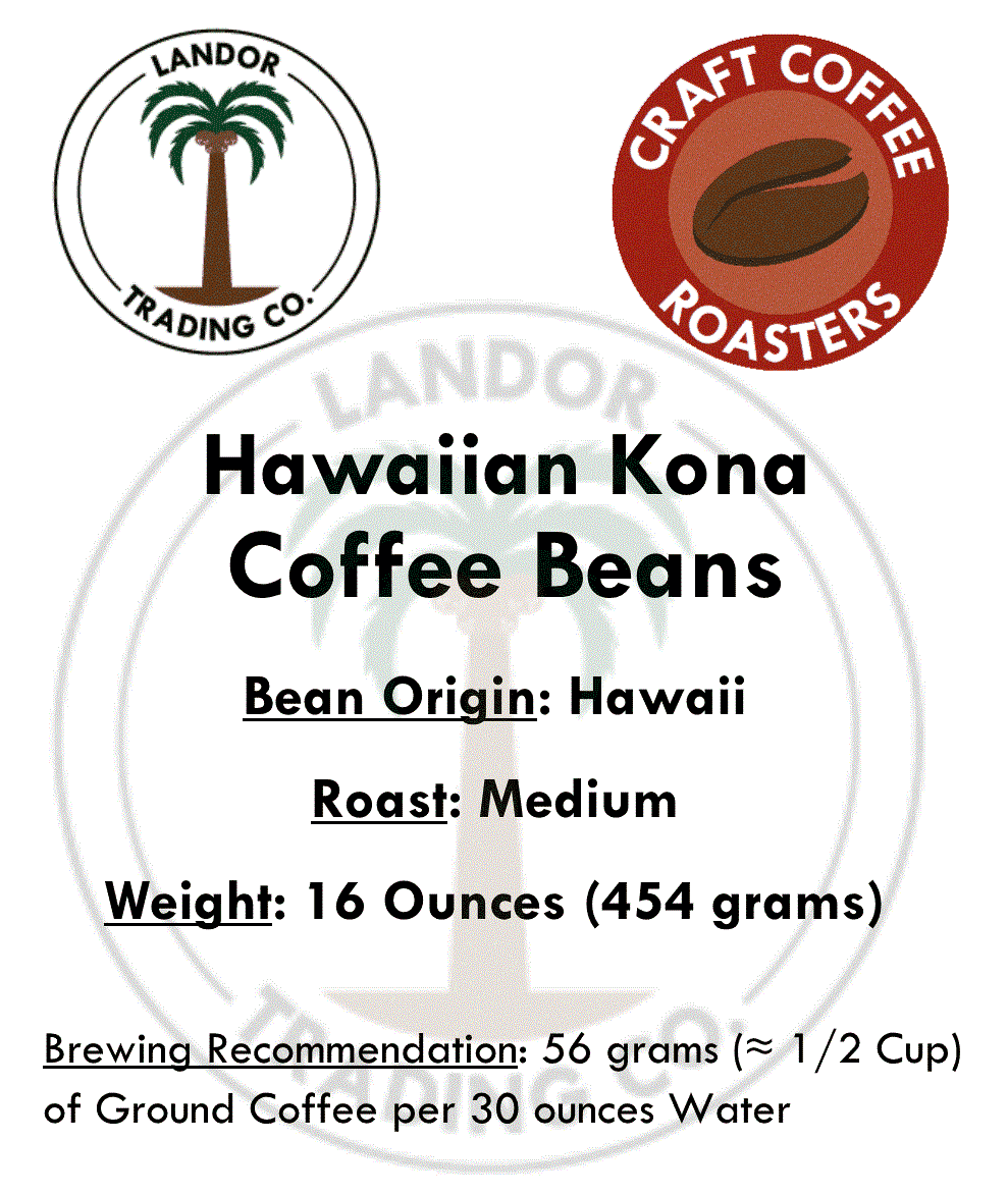 Hawaiian Kona Coffee 1 Pound (454 Grams) - Whole Bean, Medium Roast - 100% Kona, Not A Blend