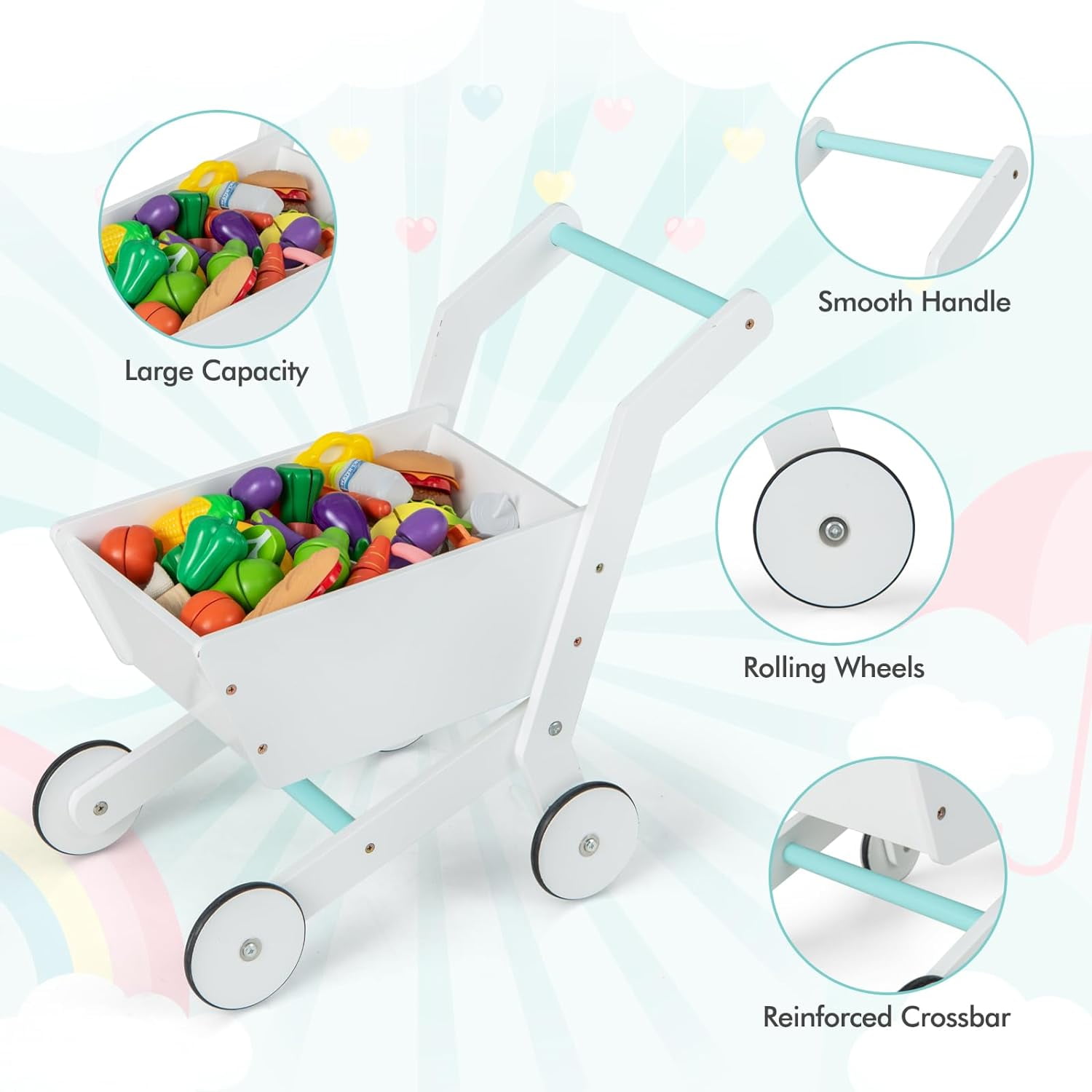 OLAKIDS Kids Grocery Store Playset, Wooden Pretend Play Supermarket with LED Lights Manual Conveyor Belt Play Food Accessories Blackboard Cash Register, Market Stand Toy for Toddler Boys Girls
