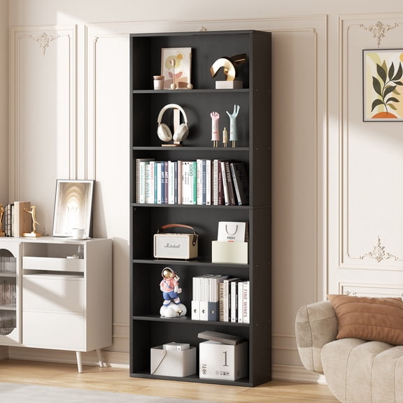 Walsunny 6 Tier Bookshelf Standard Wooden Bookcase Display Shelf with Storage Anti-tipping Device for Home Office Living Room White