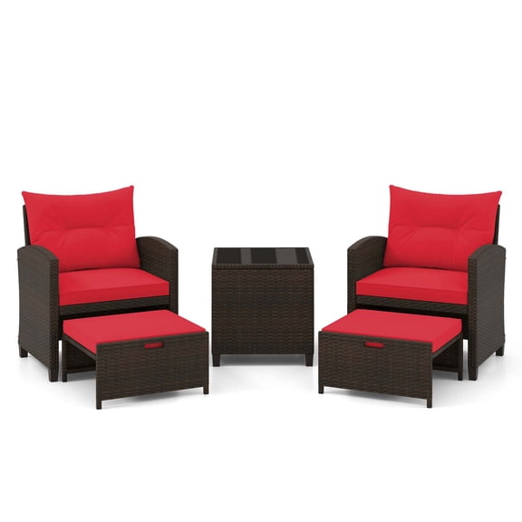 Gymax Set of 5 Rattan Furniture w/ 2 Wicker Ottomans & Tempered Glass Coffee Table Patio Red