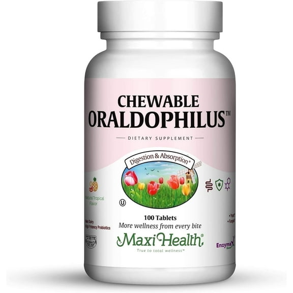 Maxi Health Chewable Oraldophilus Probiotic for Kids & Adults, Tropical Flavor, 100 Ct – Kosher