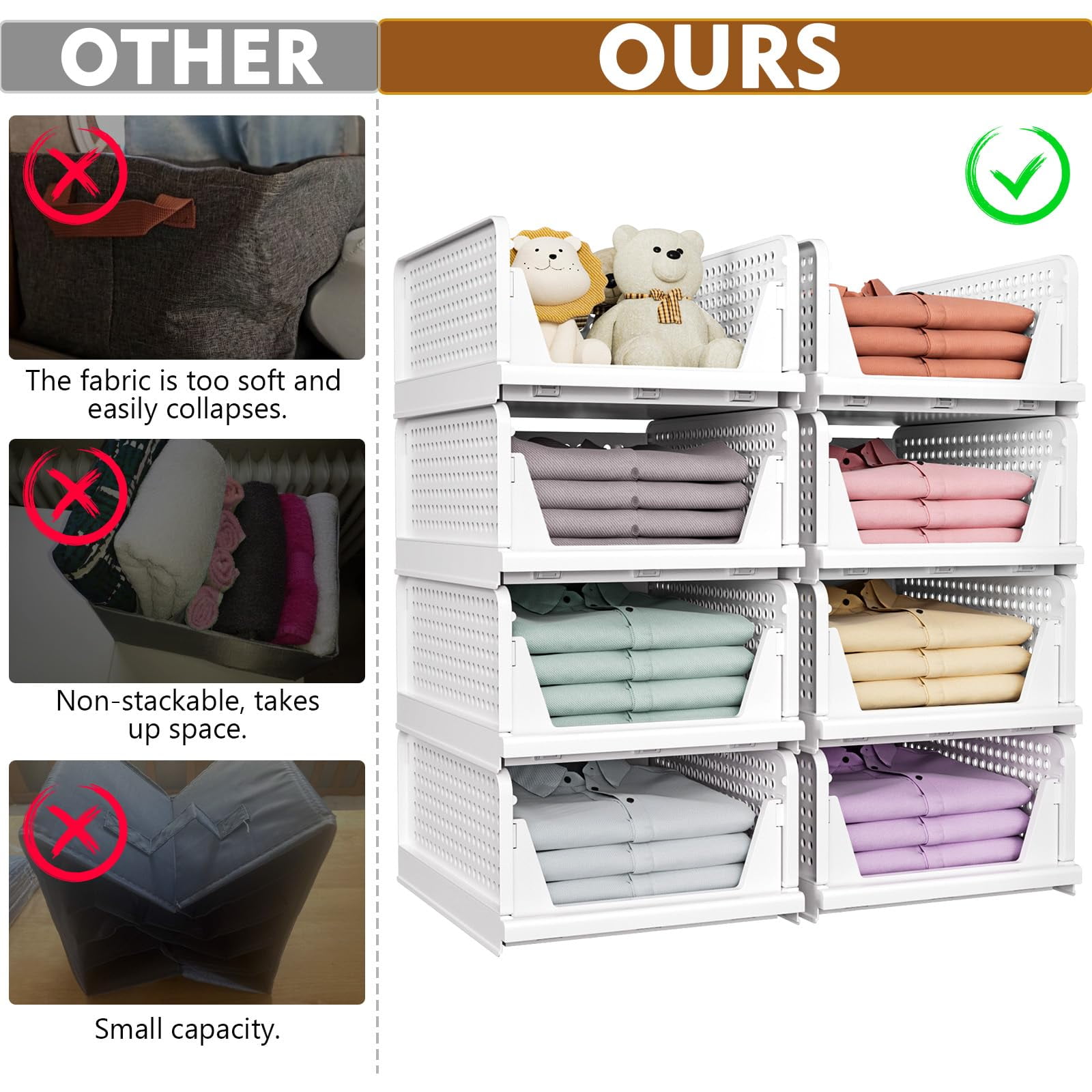 5-Pack Closet Organizer Storage Boxes - Stackable White Plastic Drawer Bins For Wardrobe & Home Organization