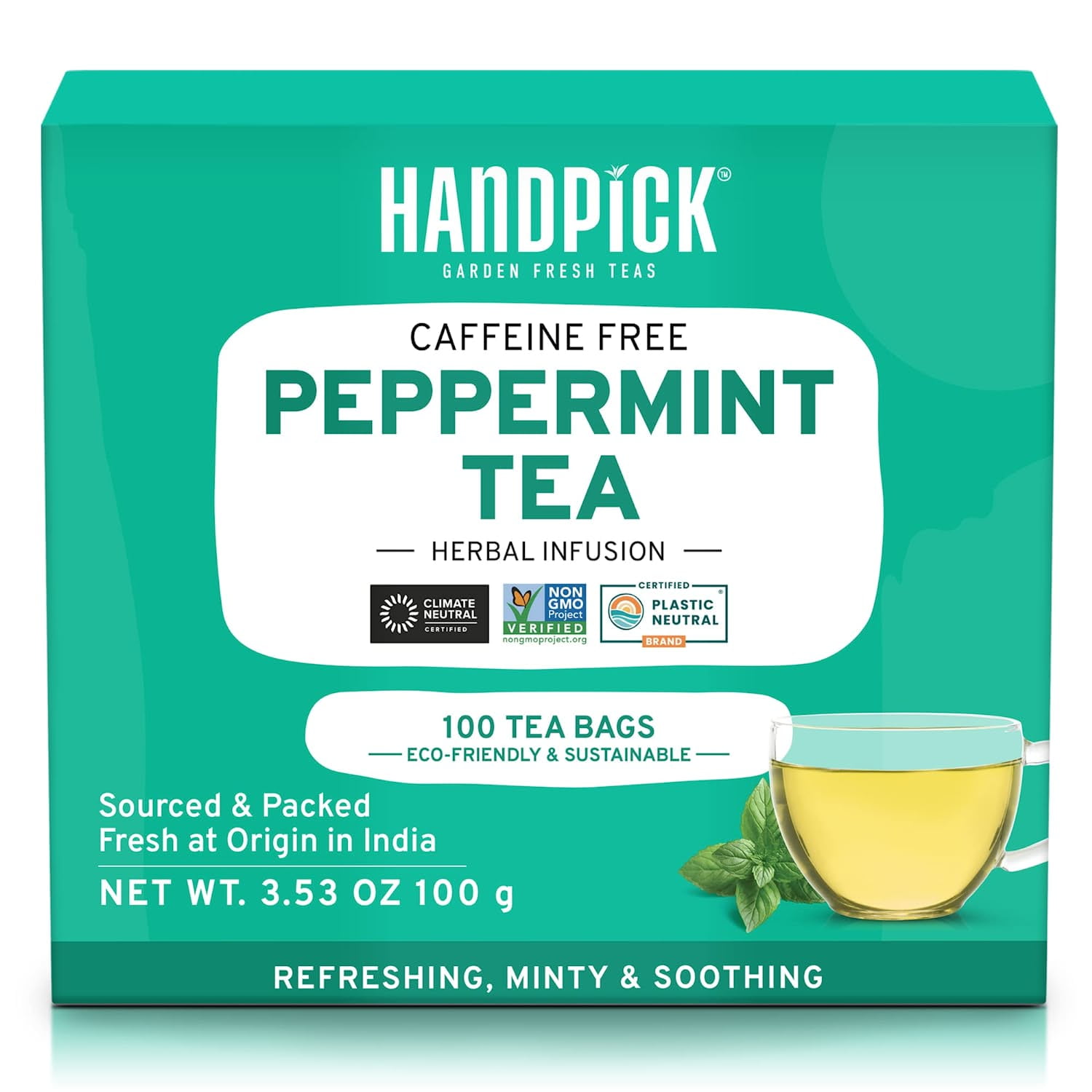 HANDPICK, Peppermint Tea, Eco-Conscious Tea Bags - 100 Count | Caffeine Free, Non-GMO | Minty, Fresh & Cool flavor | Direct From Source