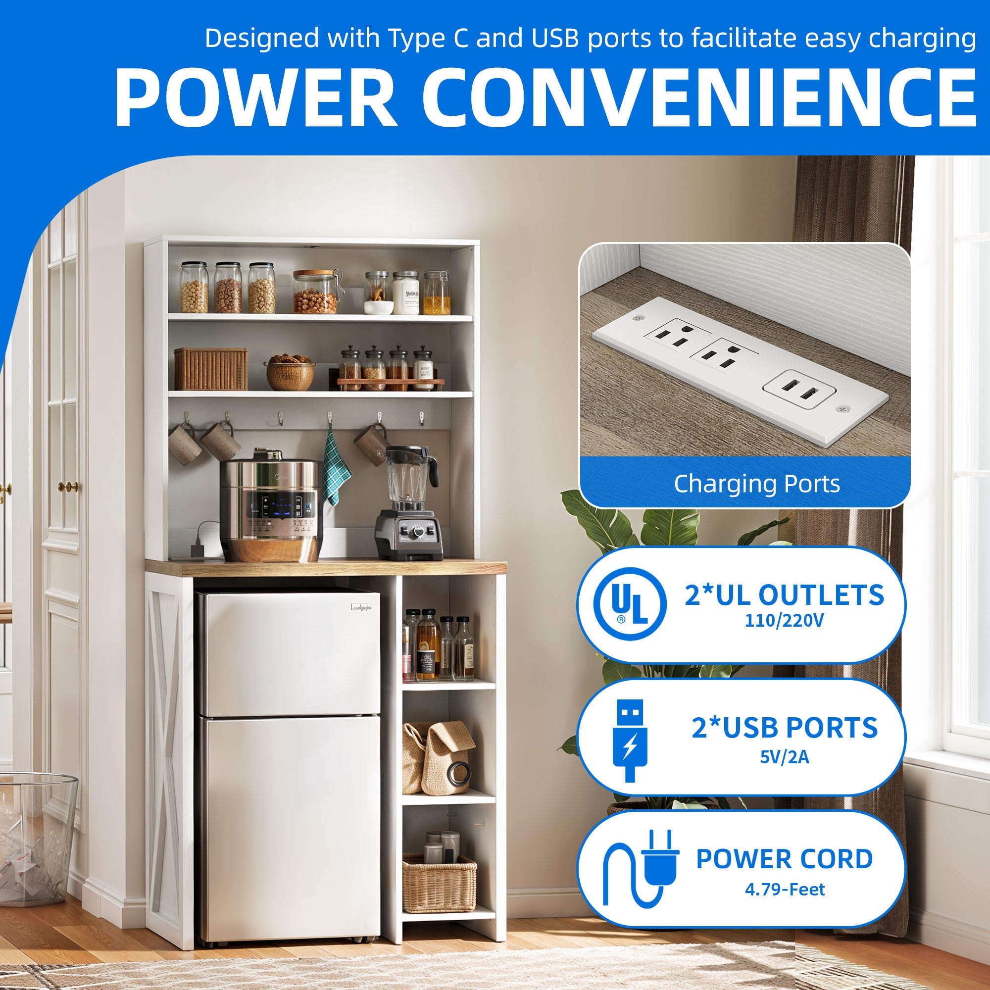 DEXTRUS Kitchen Baker's Rack with Power Outlets, 6-Tier Microwave Mini Fridge Stand, White