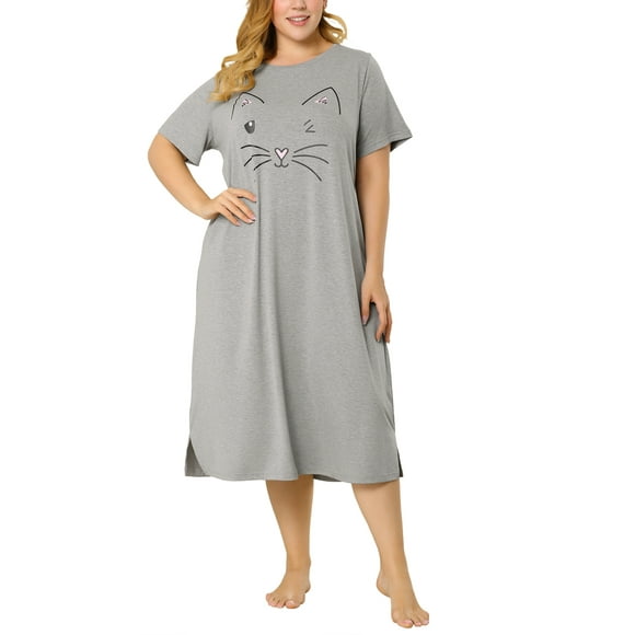 Women's Plus Size Nightgown Cat Print with Pocket Sleep Dress Sleepwear Gray 3X