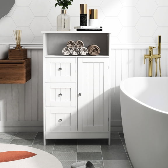 White Standing Cabinet with 3 Drawers and 1 Door / Suitable for Kitchen to Store Pots and Pans