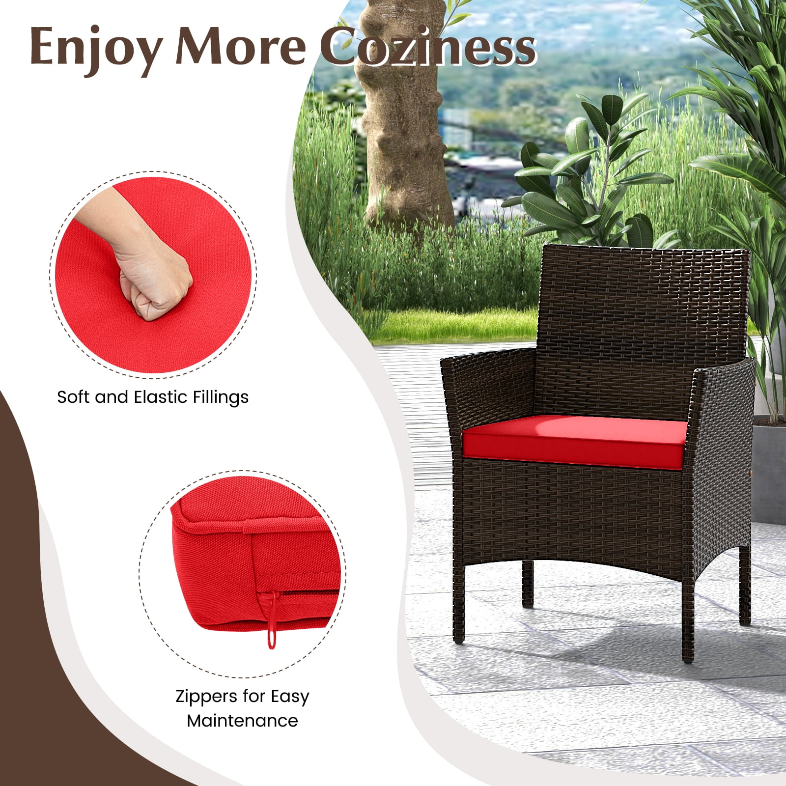 Gymax 4PCS Outdoor Furniture Set Patio Rattan Conversation Set w/ Red Cushion