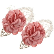 2 Pcs Pearl Decor Wrist Corsage Bridesmaid Elastic Flower Corsages for Prom Strap Bridegroom