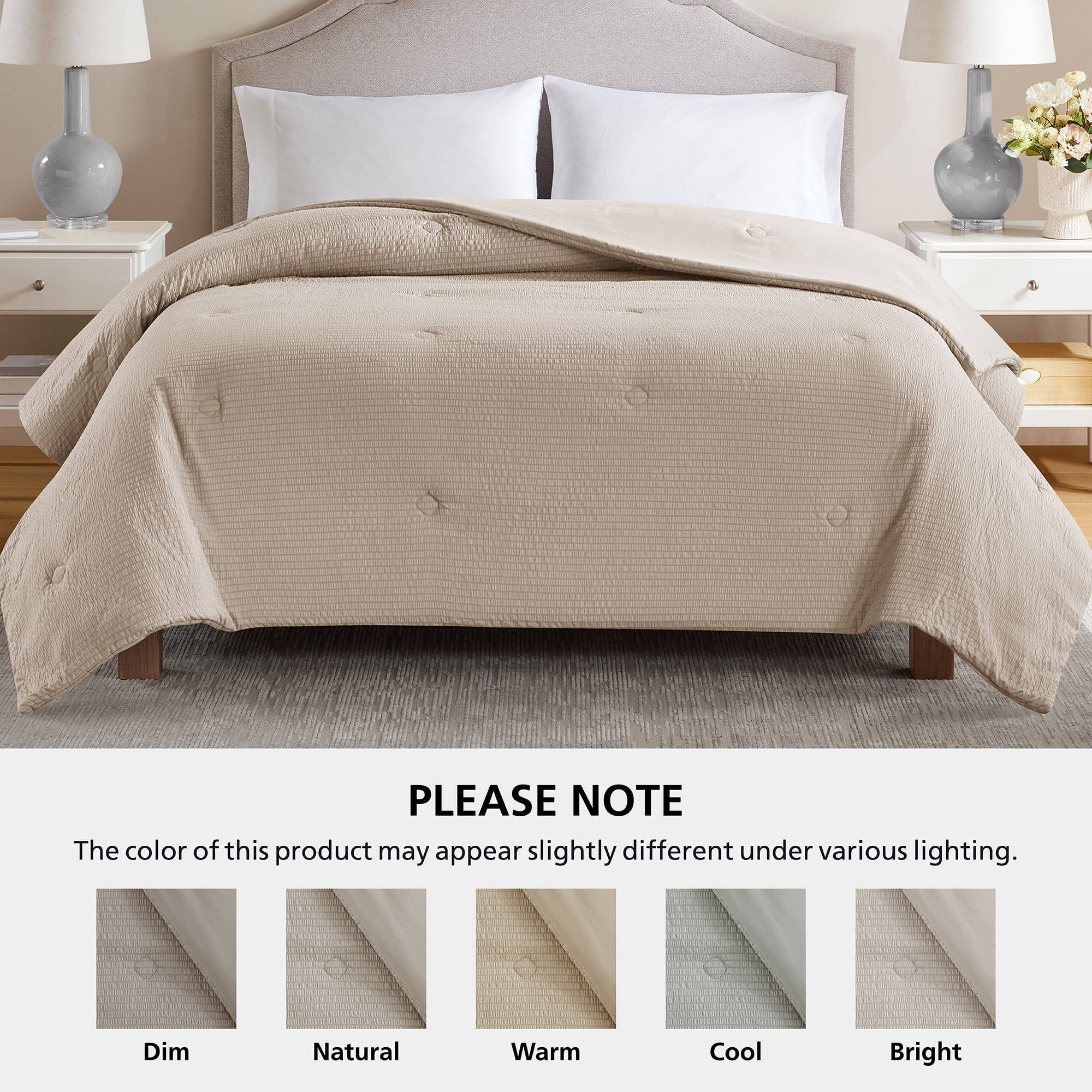 Mainstays King Comforter, Reversible Down Alternative, All-Season, Beige Seersucker