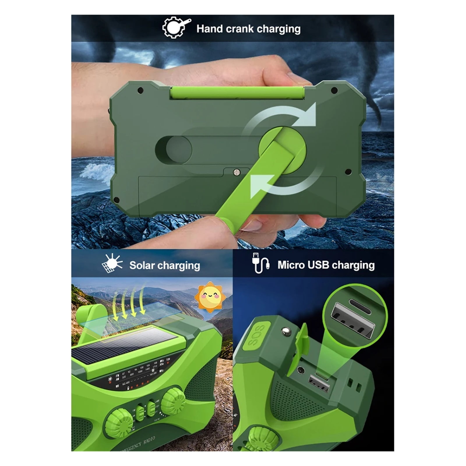 Emergency Flashlight Torch 10000mAh Power Bank Multifunctional Radio Hand Crank Solar USB Charging FM AM WB NOAA Weather Radio ,Listen Anytime, Anywhere