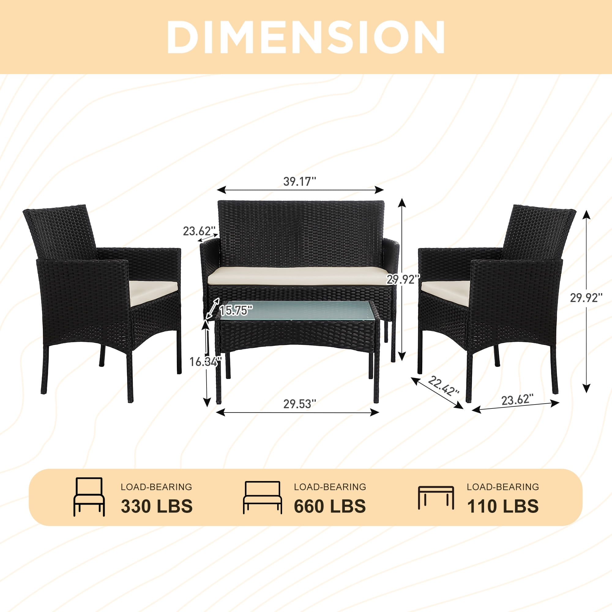 Tappio 4 Piece Patio Conversation Wicker Furniture Set, Porch Furniture Outdoor Sectional Furniture Set w/Side Table & Cushions, Wicker Sofa Garden Conversation Set for Yard Pool Backyard,Black/Beige