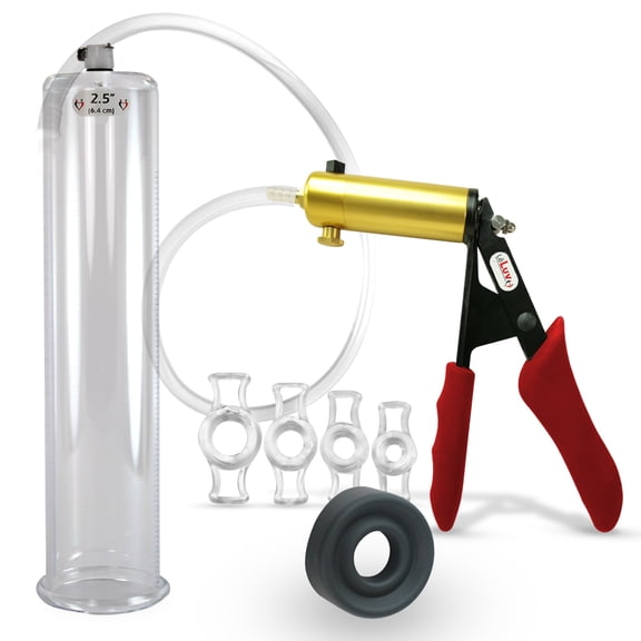 LeLuv Ultima Penis Pump, Brass w/ Red Handle, Silicone Grip, Clear Hose | TPR Seal, 4 Cock Rings | 12" x 2.50" Cylinder