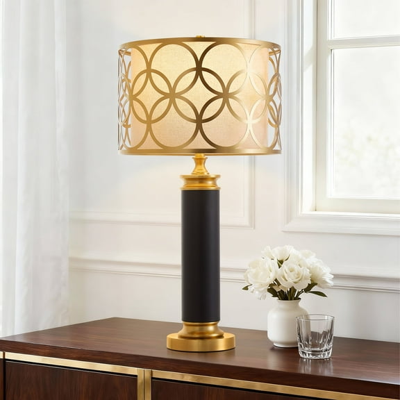 NATYSWAN 32-Inch Luxury Table Lamp with Faux Leather & Gold Finish, 100W Equivalent LED Bulb Included, Oversized Shade for Living Room & Bedroom