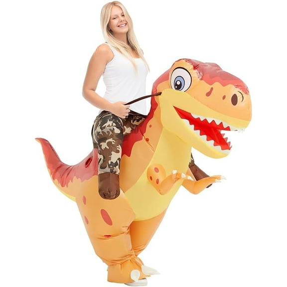COMIN 72 inch Inflatable Dinosaur Costume for Adults Ride on Dino Costume Blow Up Trex Costume Orange Costume for Halloween Party