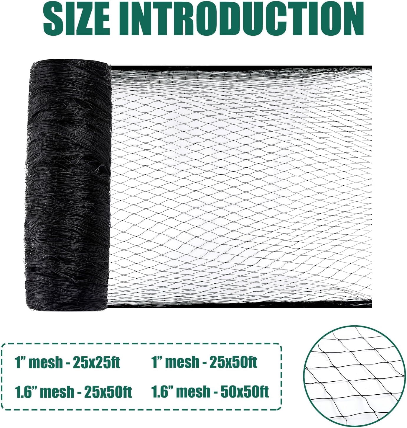 Bird Netting for Garden Protection - 25 x 50 ft Heavy Duty Black Nylon Poultry Netting 1’’ Mesh for Blueberry Bushes, Fruit Trees, Chicken Coops and Porches