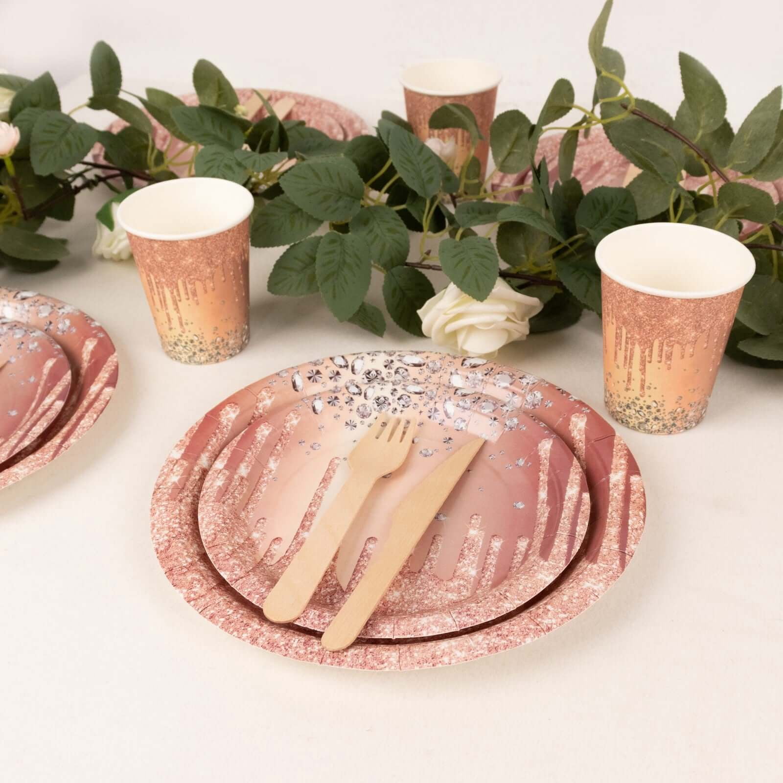 Efavormart 72 Pcs Rose Gold Disposable Party Supplies Kit With Diamonds Glitter Drip Pattern, Paper Plates Cups Tableware Combo Pack