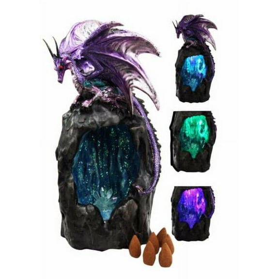 Ebros Purple Azure Quartz Dragon on Gemstone Mountain Backflow Incense Burner Figurine