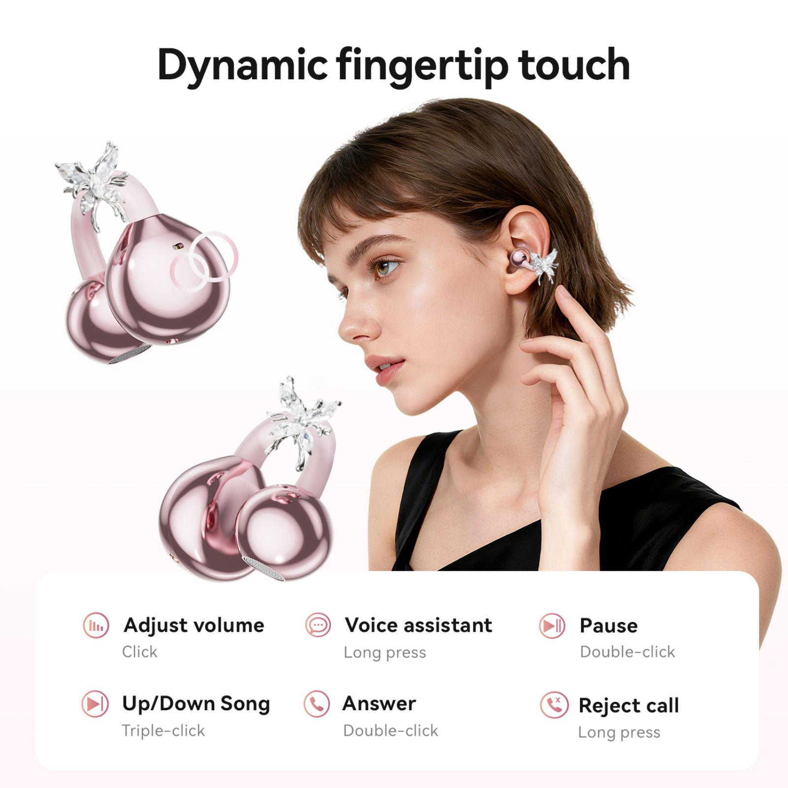 WUYUEGE Open Ear Headphones with Butterfly Earrings, Clip On Earbuds,6.0 Bluetooth Wireless Headphones for Women Gifts, Sports & Workouts（Rose Gold）