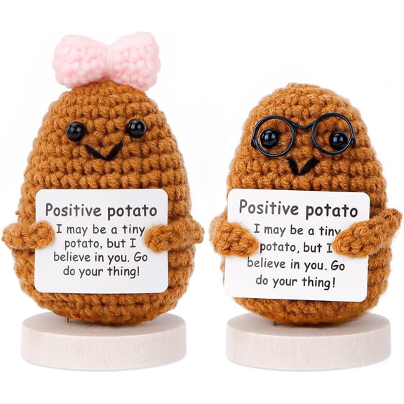 2PCS Positive Potato Crochet Doll with Stand, Mini Emotional Support Funny Gifts for Women Friends, Handmade Cute Inspirational Decoration for Family Parties Birthdays