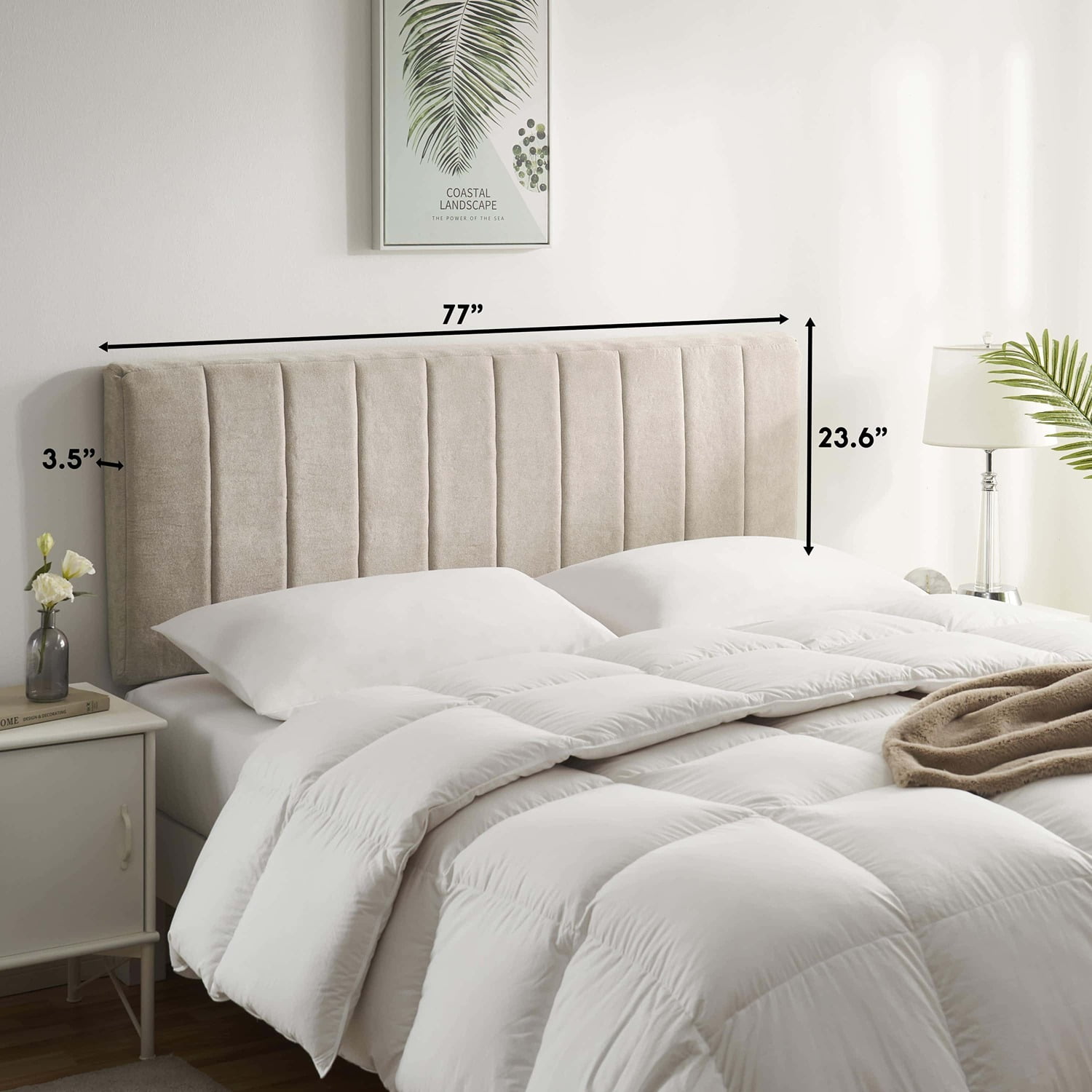 Virtu Upholstered Queen Headboard No Tools Required Peel and Stick Bed Headboard Only, Beige
