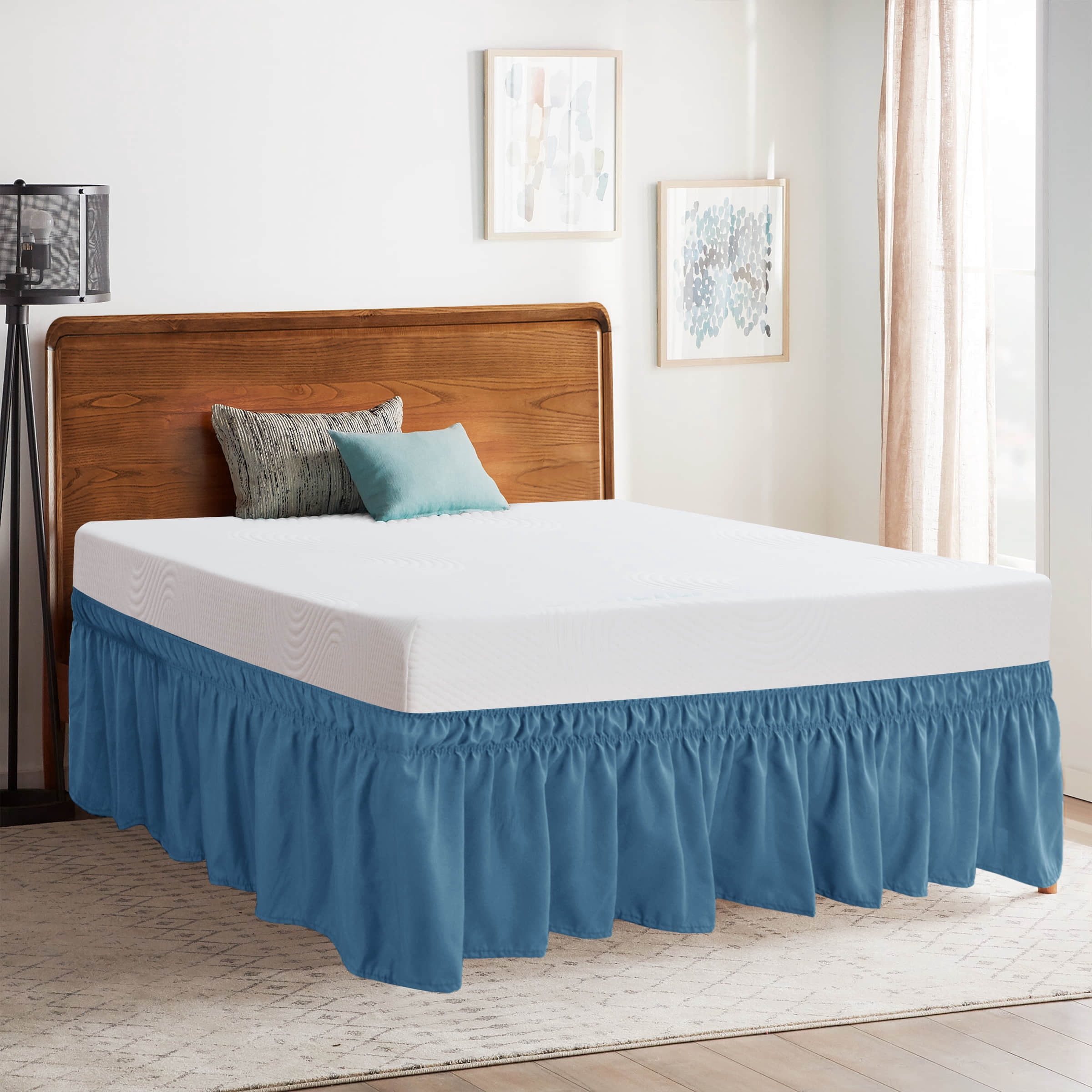 Subrtex Bed Skirt Wrap-Around Dust Ruffle Elastic 16 Inch Bed Cover, Full, Peacock Blue