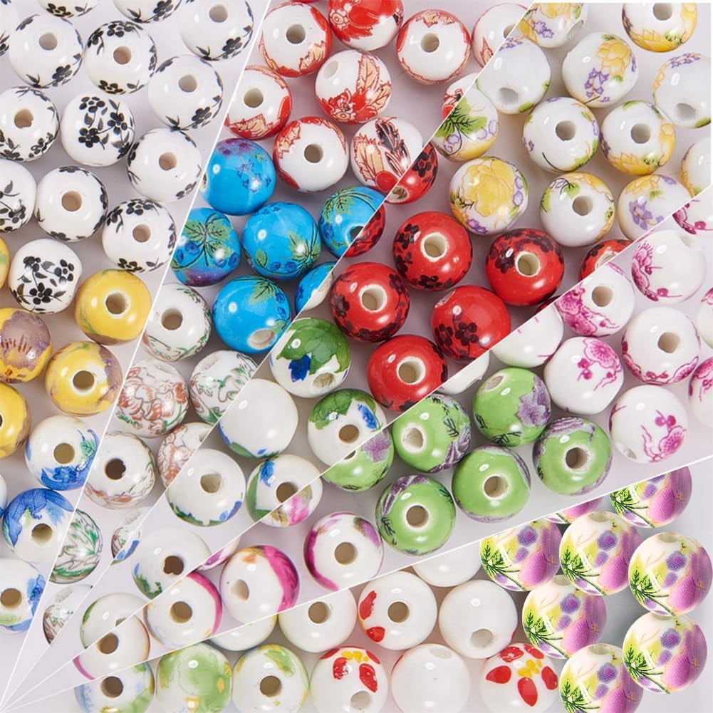 150pc Porcelain Beads 15 Styles Flower Round Beads 10mm Handmade Ceramic Beads DIY Chinese Spacer Beads Handmade Jewelry Making Bracelets Necklace Traditional Chinese Style DIY Making