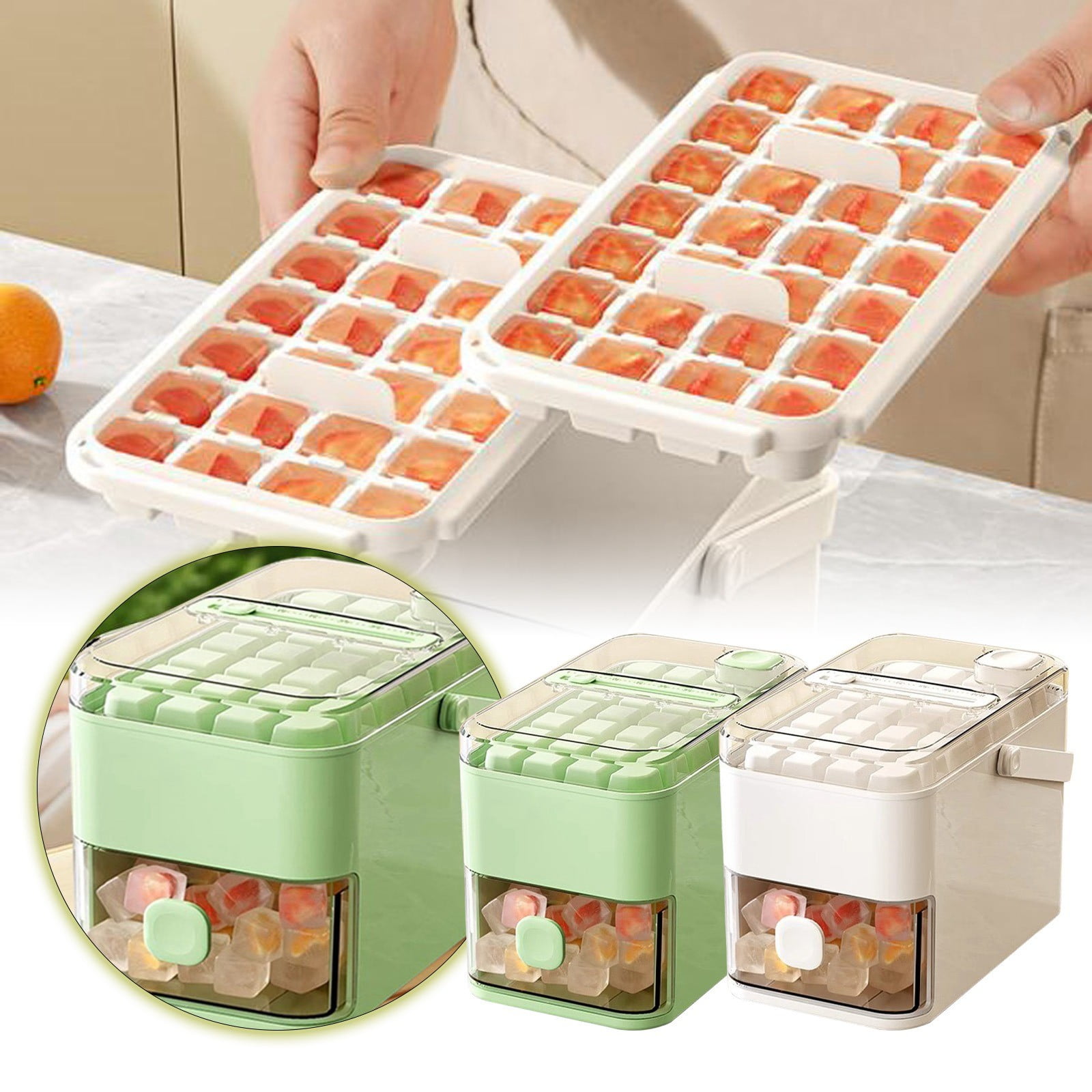 katior 28 Ice Cube Tray Bucket, 2026 New One-Press Ice Cube Tray with Storage Bin, Ice Cube Mold Maker Container Box for Freezer for DIY Coffee Beverages
