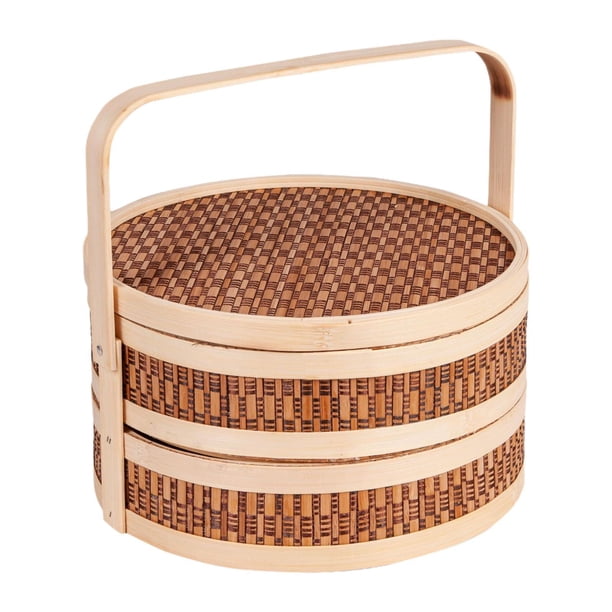 Cesta de bambú, cesta de regalo, portátil de doble capa con tapa, contenedor de transporte de viaje para frutas, pasteles, aperitivos