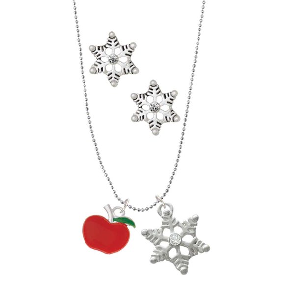 Delight Jewelry Silvertone Small Red Apple Silver tone Snowflake Charm Necklace and Stud Earrings