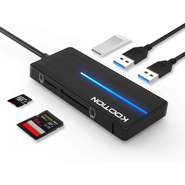 Moyeu KOOTION USB 3.0 avec Ports Lecteur de Cartes SD/TF, Ultra Mince 3 Ports USB 3.0 Data Hub et Indicateur, Noir