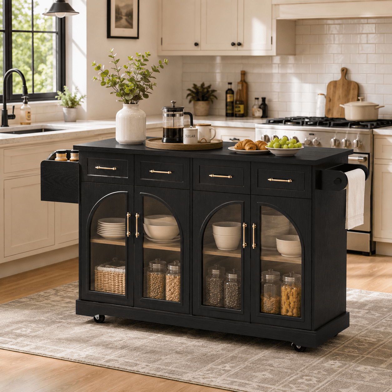 Homy Casa 65.2" Kitchen Island with Storage, Drop Leaf, Power Outlet and Arched Glass Doors, Black