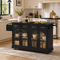 thumbnail image 3 of Homy Casa 65.2" Kitchen Island with Storage, Drop Leaf, Power Outlet and Arched Glass Doors, Black, 3 of 11